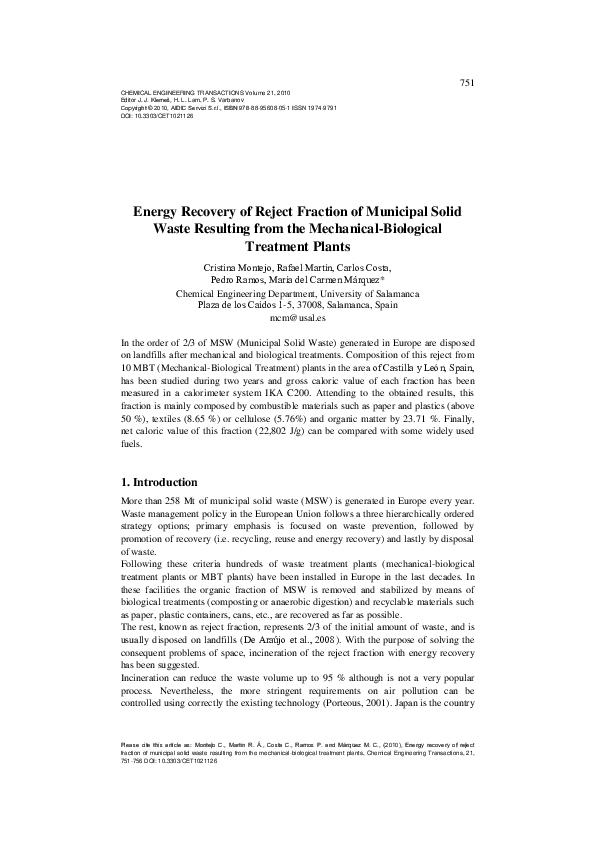 (PDF) Energy Recovery of Reject Fraction of Municipal Solid Waste ...