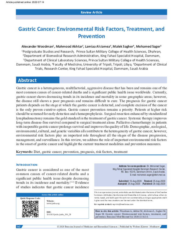 (PDF) Gastric cancer: Environmental risk factors, treatment, and prevention