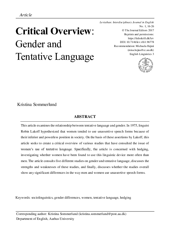 (PDF) Critical Overview: Gender and Tentative Language