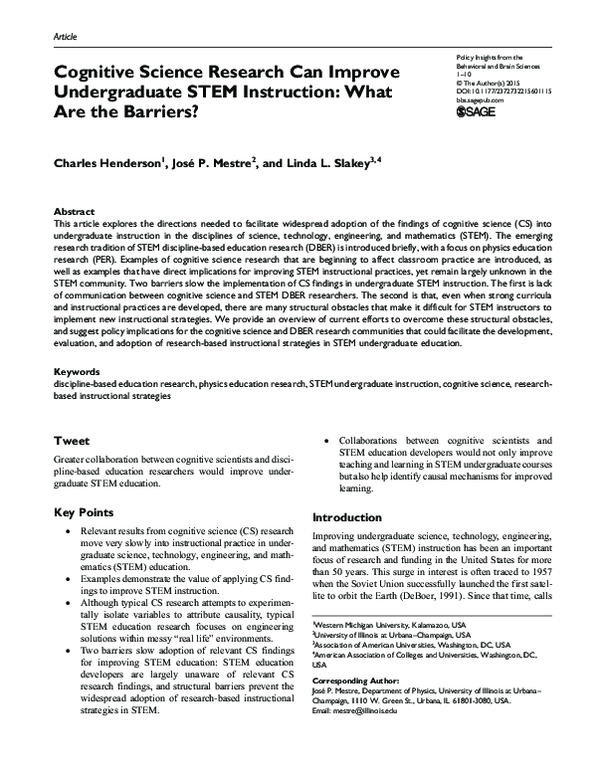 (PDF) Cognitive Science Research Can Improve Undergraduate STEM Instruction