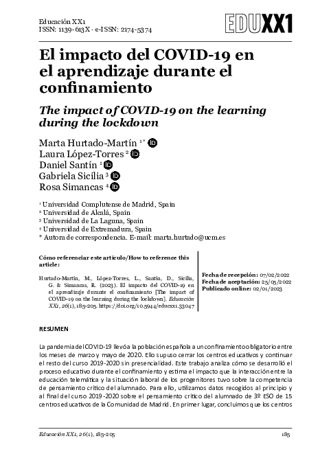 (PDF) El impacto del COVID-19 en el aprendizaje durante el confinamiento