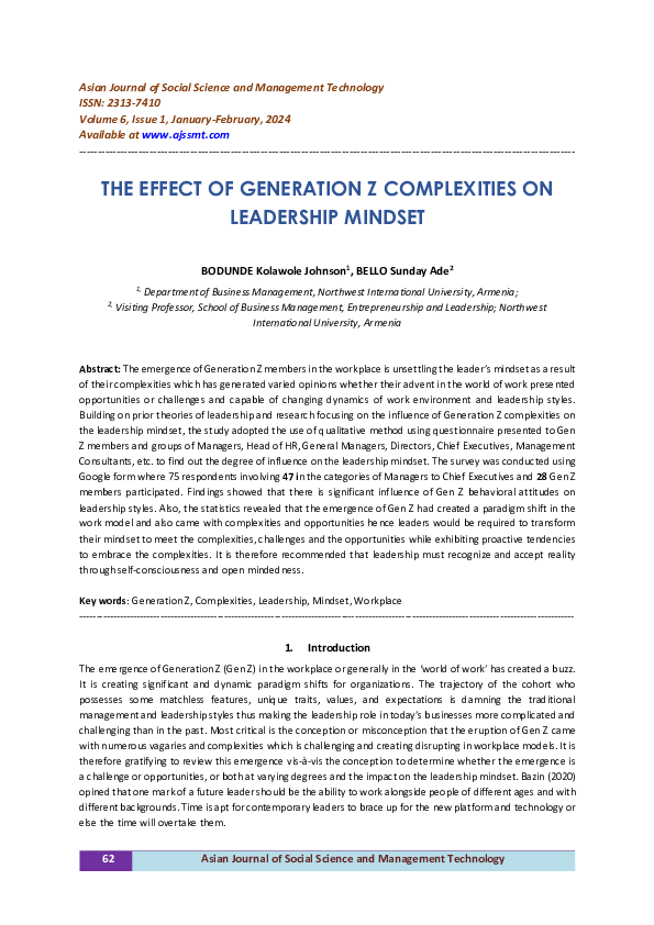 (PDF) THE EFFECT OF GENERATION Z COMPLEXITIES ON LEADERSHIP MINDSET