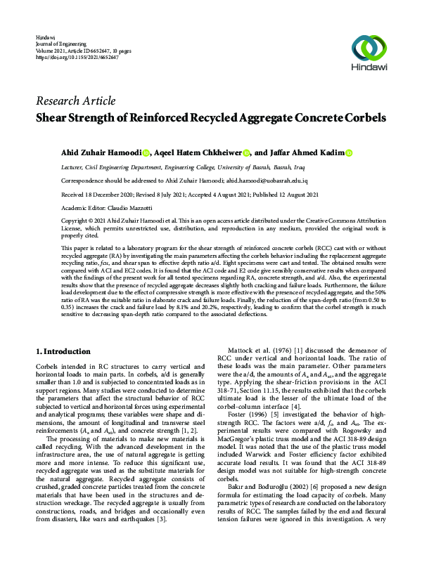 (PDF) Shear Strength of Reinforced Recycled Aggregate Concrete Corbels