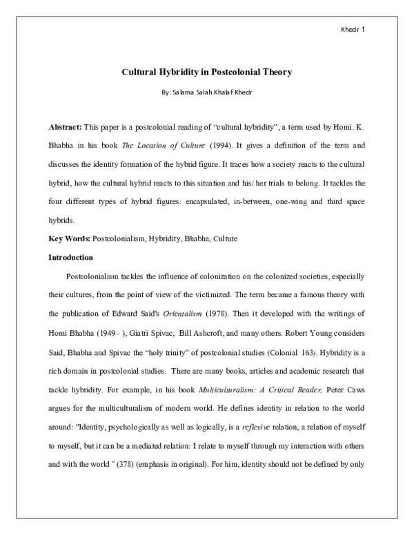 (DOC) Cultural Hybridity in postcolonial theory