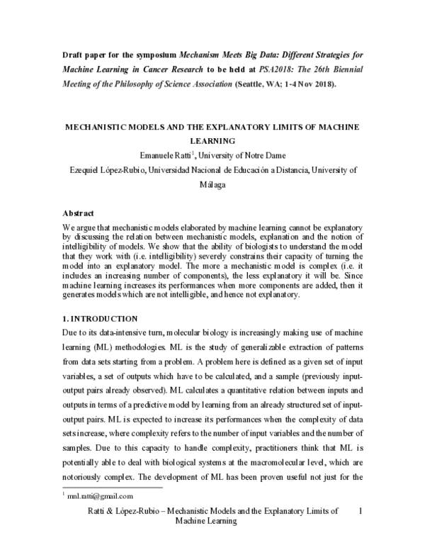 (PDF) Mechanistic Models and the Explanatory Limits of Machine Learning