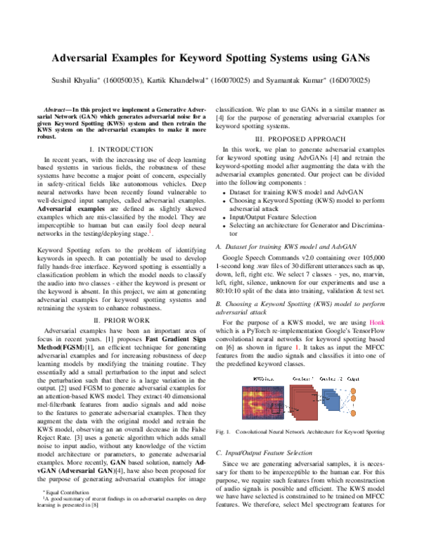 (PDF) Adversarial Examples for Keyword Spotting Systems using GANs