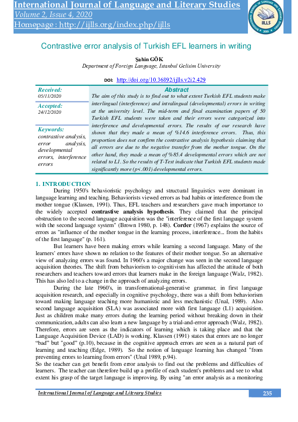 (PDF) Contrastive error analysis of Turkish EFL learners in writing