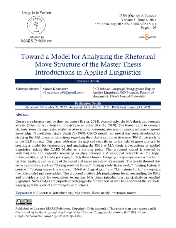 (PDF) Toward a Model for Analyzing the Rhetorical Move Structure of the ...