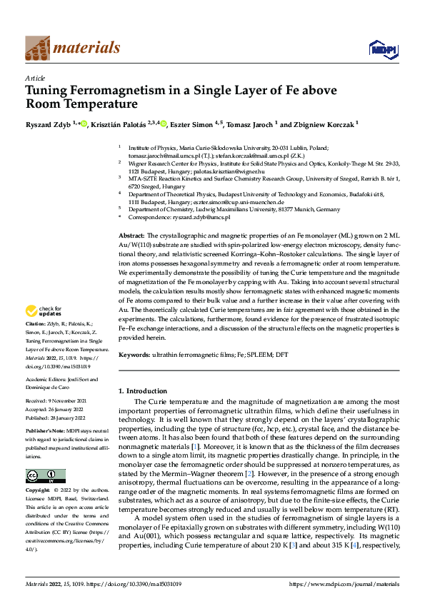 (PDF) Tuning Ferromagnetism in a Single Layer of Fe above Room Temperature