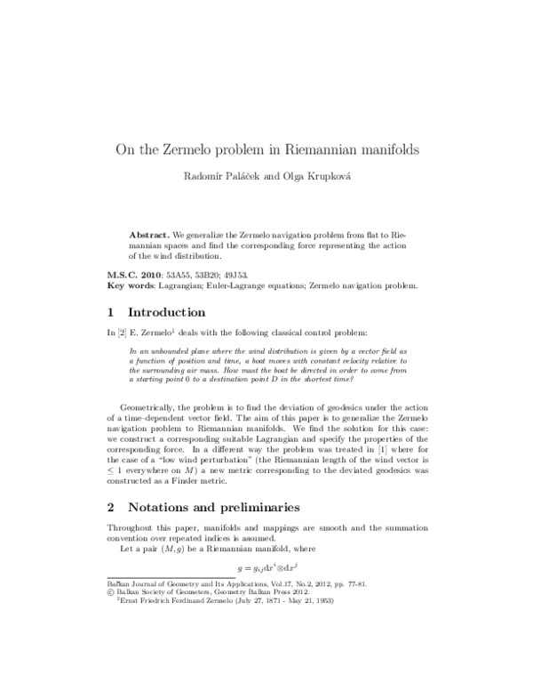 (PDF) On the Zermelo problem in Riemannian manifolds