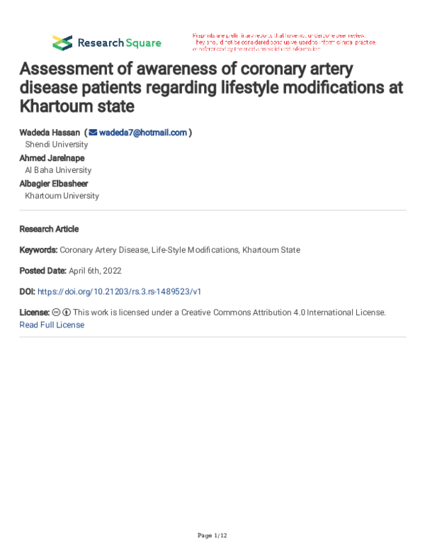 (PDF) Assessment of awareness of coronary artery disease patients ...