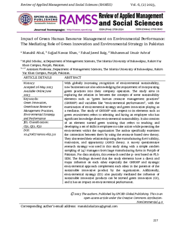 (PDF) Impact of Green Human Resource Management on Environmental ...