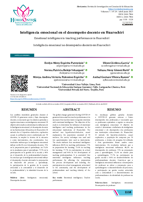 (PDF) Inteligencia emocional en el desempeño docente en Huarochirí