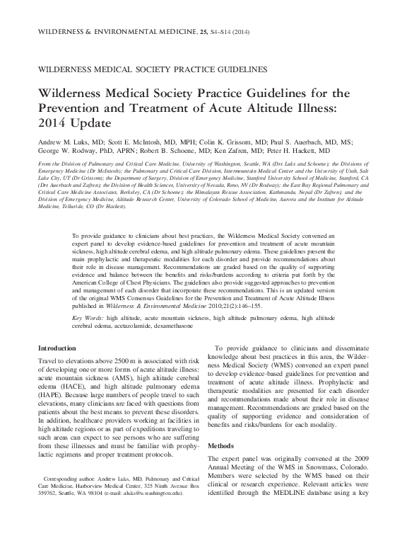 Wilderness Medical Society Practice Guidelines for the Prevention and Treatment of Acute Altitude Illness: 2014 Update