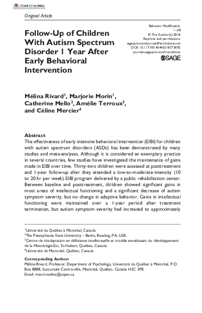 (PDF) Follow-Up of Children With Autism Spectrum Disorder 1 Year After ...