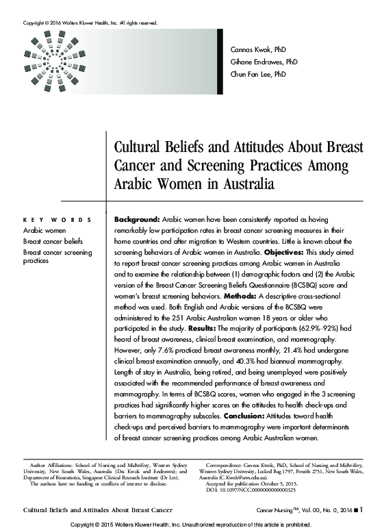 (PDF) Cultural Beliefs and Attitudes About Breast Cancer and Screening ...