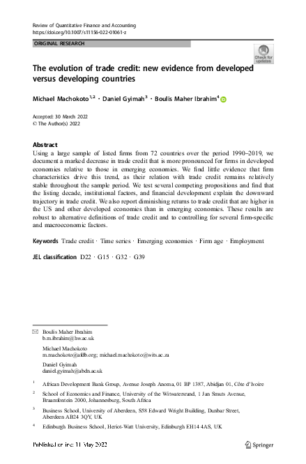 (PDF) The evolution of trade credit: new evidence from developed versus ...