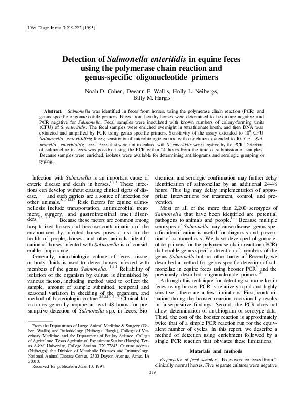 (PDF) Detection of Salmonella Enteritidis in Equine Feces using the ...