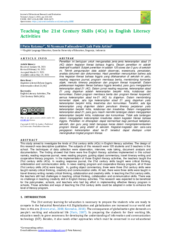 (PDF) Teaching the 21st Century Skills (4Cs) in English Literacy Activities