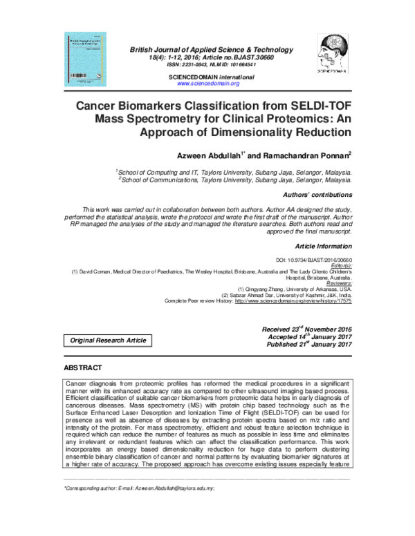 (PDF) Cancer Biomarkers Classification from SELDI-TOF Mass Spectrometry ...