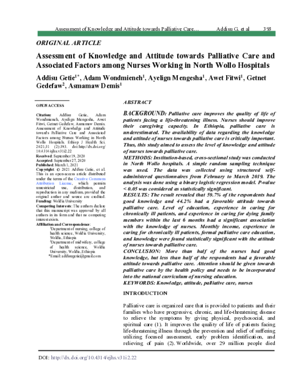 (PDF) Assessment of Knowledge and Attitude towards Palliative Care and ...