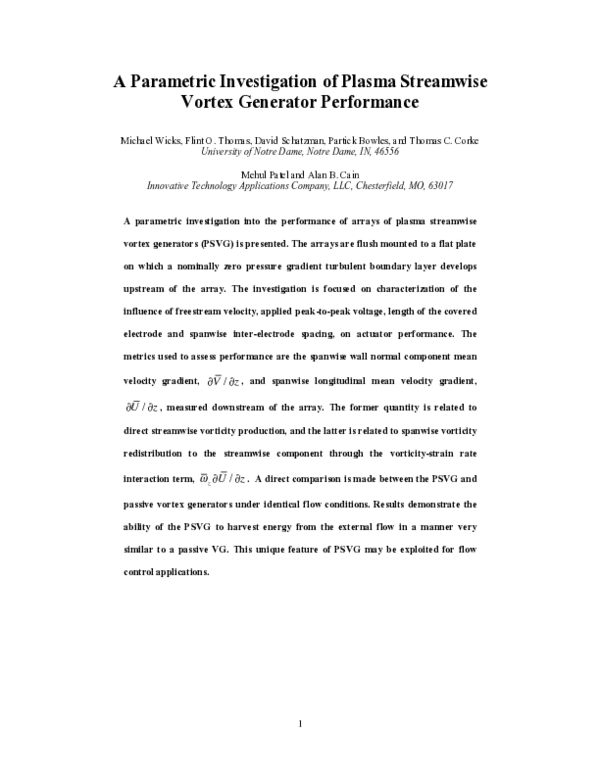 (PDF) A Parametric Investigation of Plasma Streamwise Vortex Generator ...