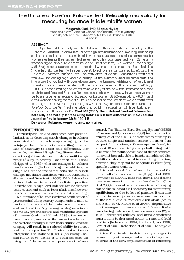 (PDF) The Unilateral Forefoot Balance Test: Reliability and validity ...