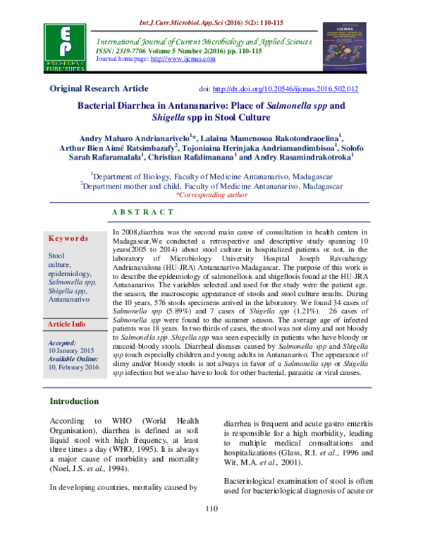 (PDF) Bacterial Diarrhea in Antananarivo: Place of Salmonella spp and ...