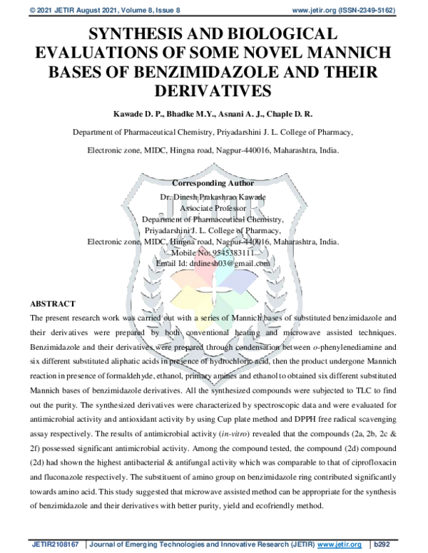 (PDF) Synthesis and Biological Evaluations of Some Novel Mannich Bases ...