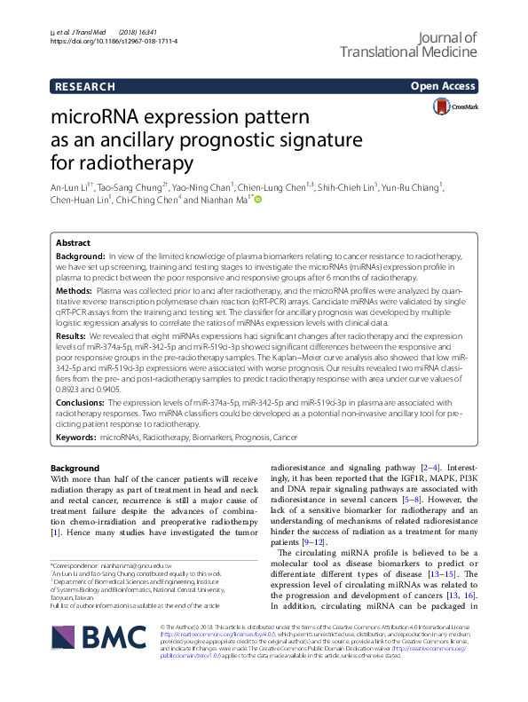 (PDF) microRNA expression pattern as an ancillary prognostic signature ...