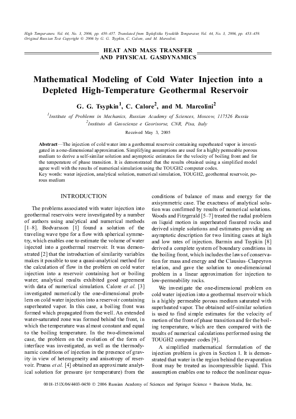(PDF) Mathematical modeling of cold water injection into a depleted ...