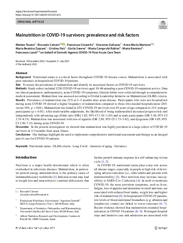 (PDF) Malnutrition in COVID-19 survivors: prevalence and risk factors