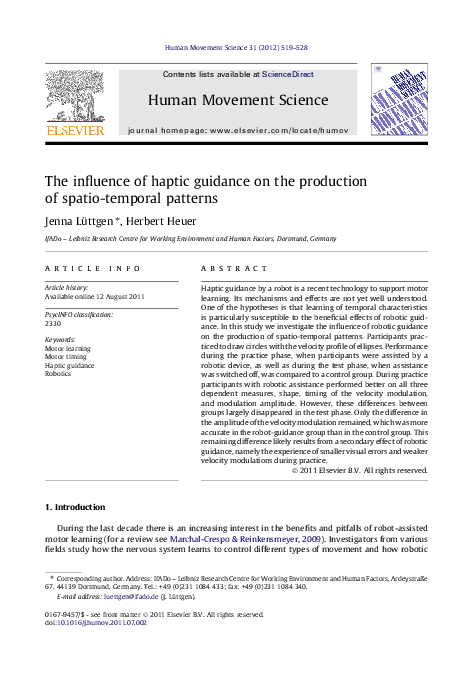 (PDF) The influence of haptic guidance on the production of spatio ...
