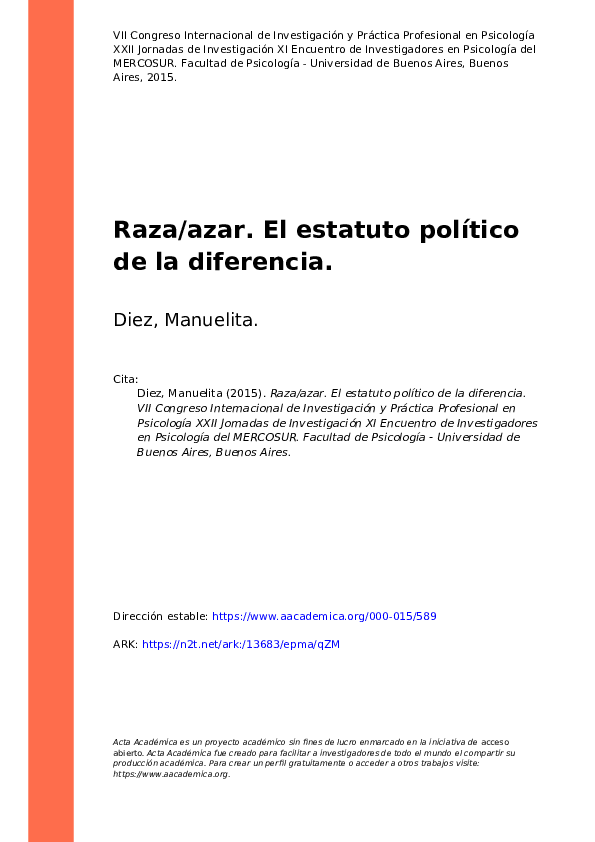 (PDF) Raza/Azar. El Estatuto Político De La Diferencia
