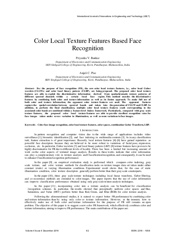 (PDF) Color Local Texture Features Based Face Recognition