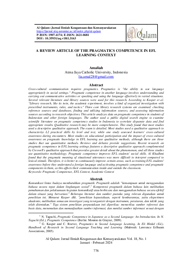 (PDF) A REVIEW ARTICLE OF THE PRAGMATICS COMPETENCE IN EFL LEARNING CONTEXT