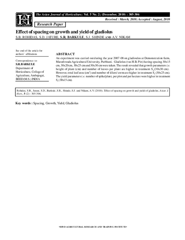 (PDF) Effect of spacing on growth and yield of gladiolus