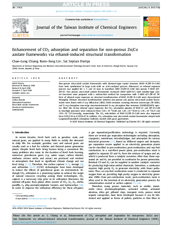 (PDF) Enhancement of CO2 adsorption and separation for non-porous Zn/Co ...