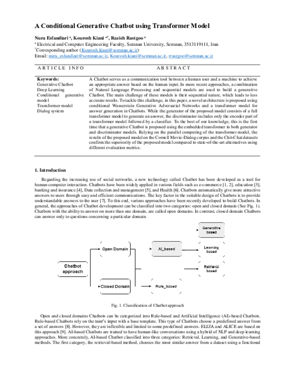 (PDF) A Conditional Generative Chatbot using Transformer Model