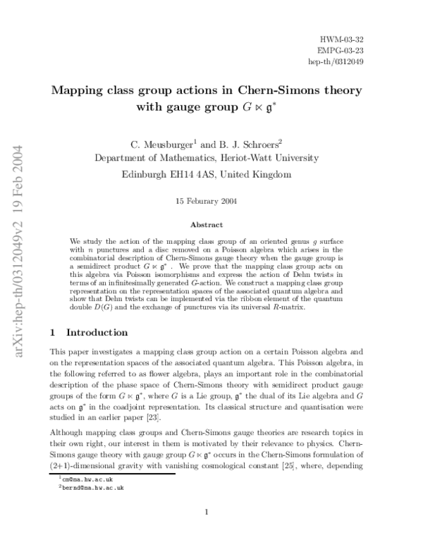 (PDF) Mapping class group actions in Chern–Simons theory with gauge group