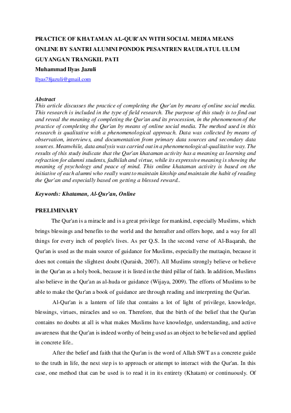 (PDF) Practice of Khataman Al-Qur'An with Social Media Means Online