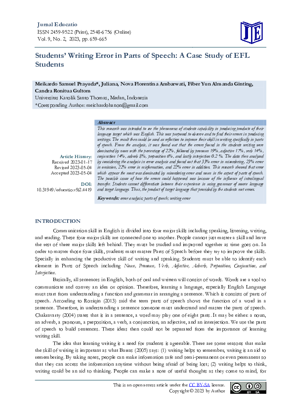 (PDF) Students’ Writing Error in Parts of Speech: A Case Study of EFL ...