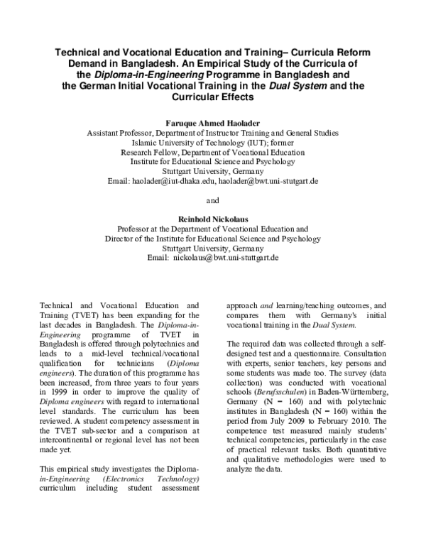 (PDF) Technical and Vocational Education and Training Curricula Reform ...