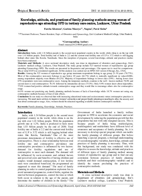 (PDF) Knowledge, attitude, and practices of family planning methods ...