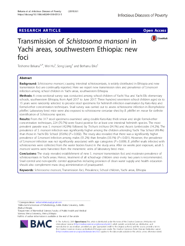 (PDF) Transmission of Schistosoma mansoni in Yachi areas, southwestern ...