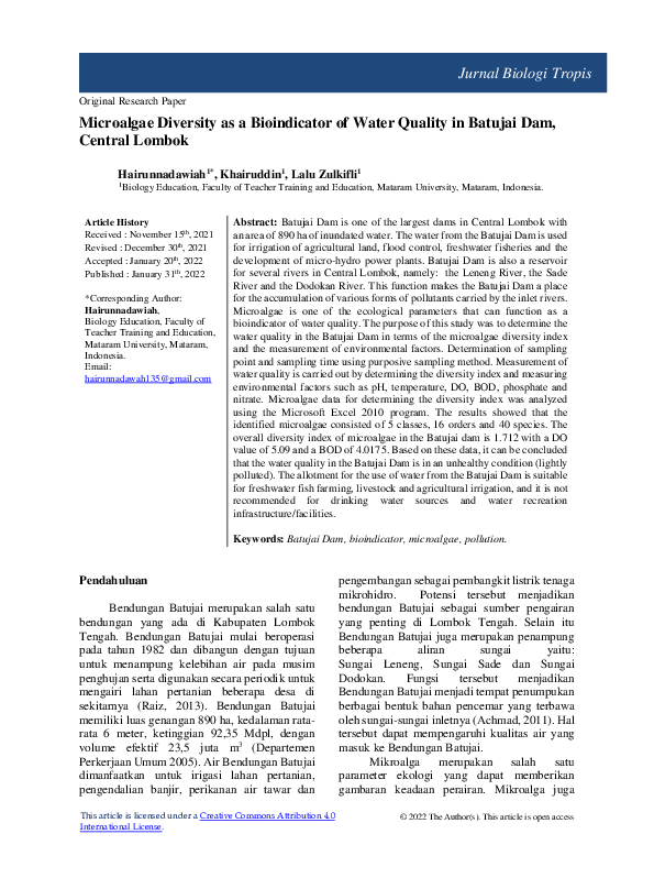 (PDF) Microalgae Diversity as a Bioindicator of Water Quality in ...