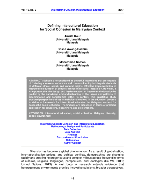(PDF) Defining Intercultural Education for Social Cohesion in Malaysian ...