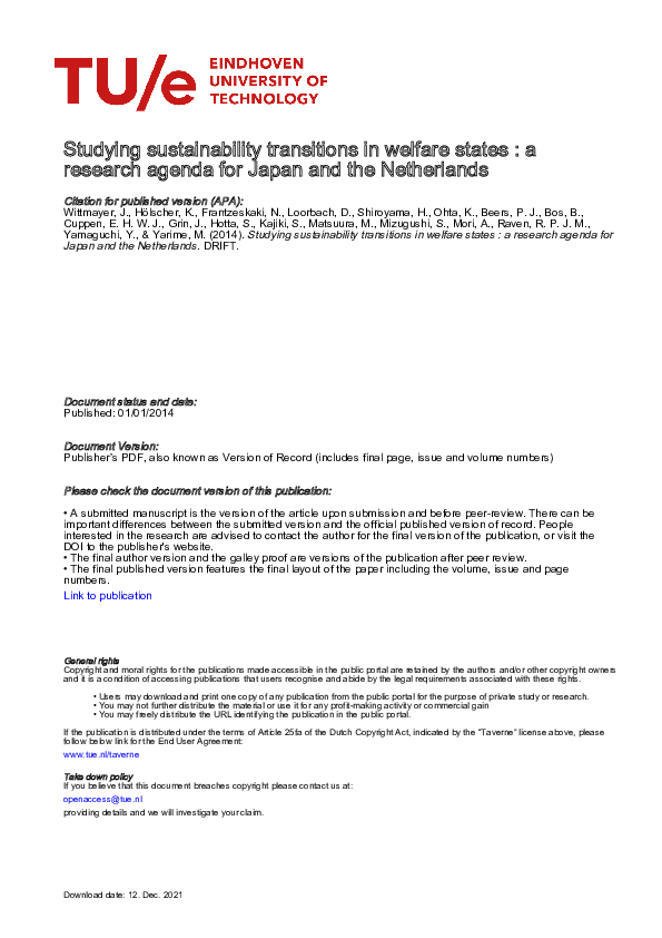 Studying sustainability transitions in welfare states. A research agenda for Japan and the Netherlands