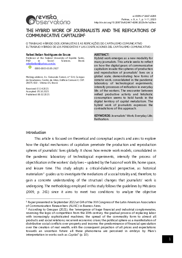 (PDF) THE HYBRID WORK OF JOURNALISTS AND THE REIFICATIONS OF ...