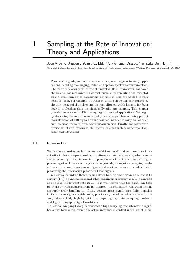 (PDF) Sampling at the rate of innovation: theory and applications